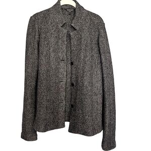 Eileen Fisher Blazer Jacket Wool Cotton Knit Herringbone Band Collar Gray M